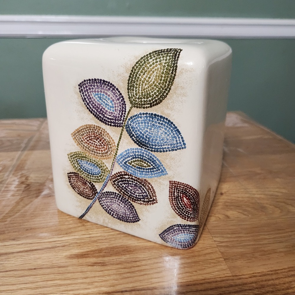 Croscill Home Mosaic Leaves Ceramic Square Tissue Box Cover Cream W Multi Color